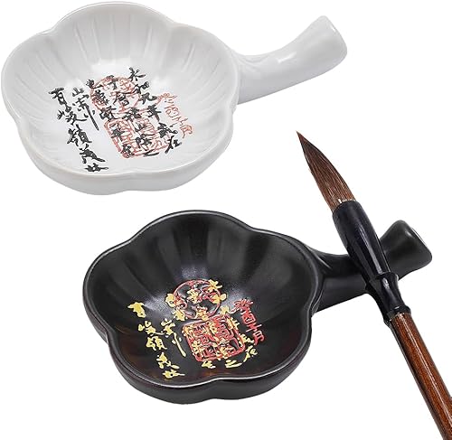 PH PandaHall Plato de tinta de cerámica Plato de tinta de porcelana con mango para caligrafía china Pinceles de pintura Soporte de resto en forma de