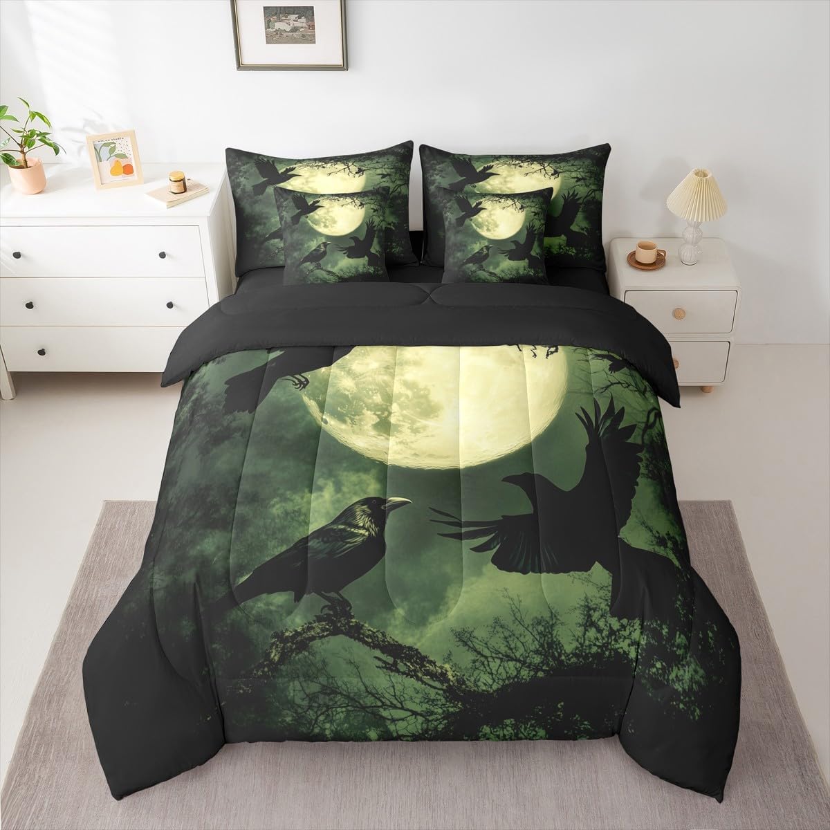 Erosebridal Crows 7 Piece Bedding Set Full Green Moon Comforter Set with Sheets Woods Branches Happy Bed in a Bag Cloud Dead Tree Halloween for Kids Boys Girls