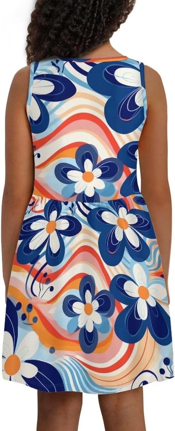 Loose Fit Cute Sundress with Side Pockets Soft Sleeveless Summer Floral Dress for Girls Playwear