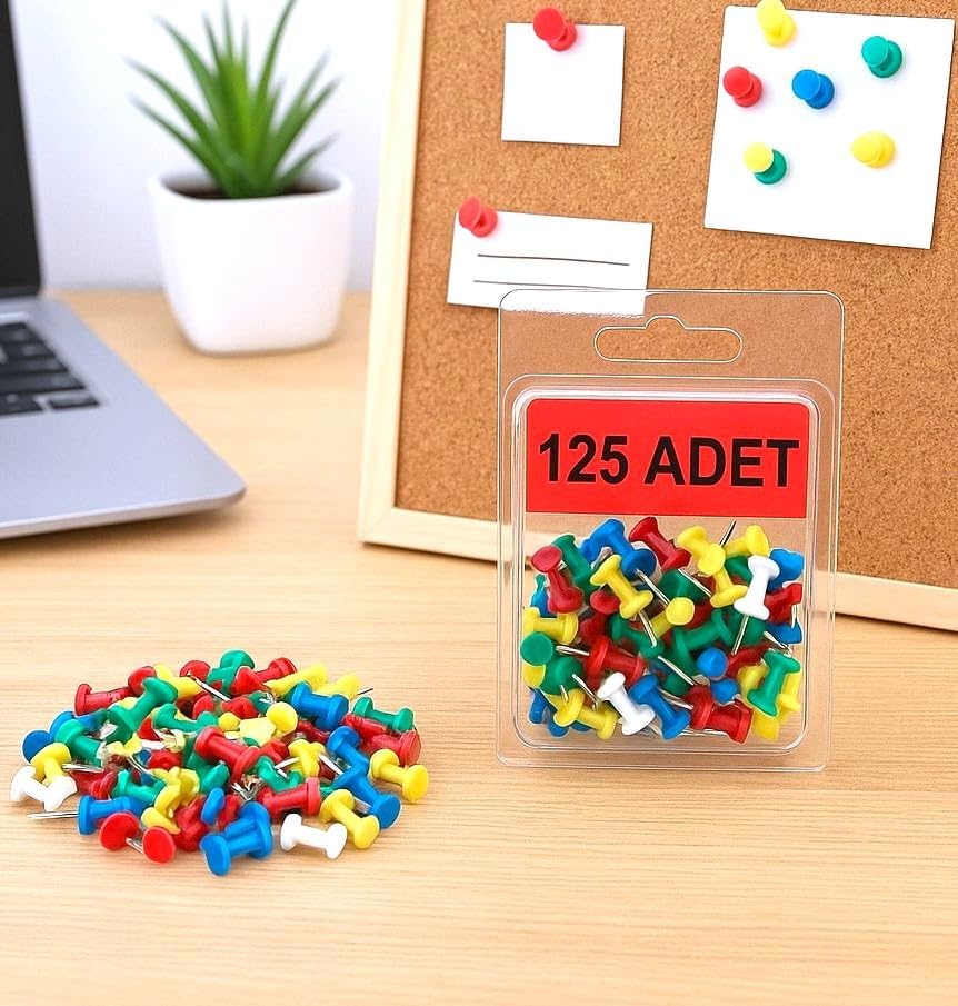 125 Adet Renkli Harita Çivisi Mantar Pano Raptiyesi Pano Iğnesi