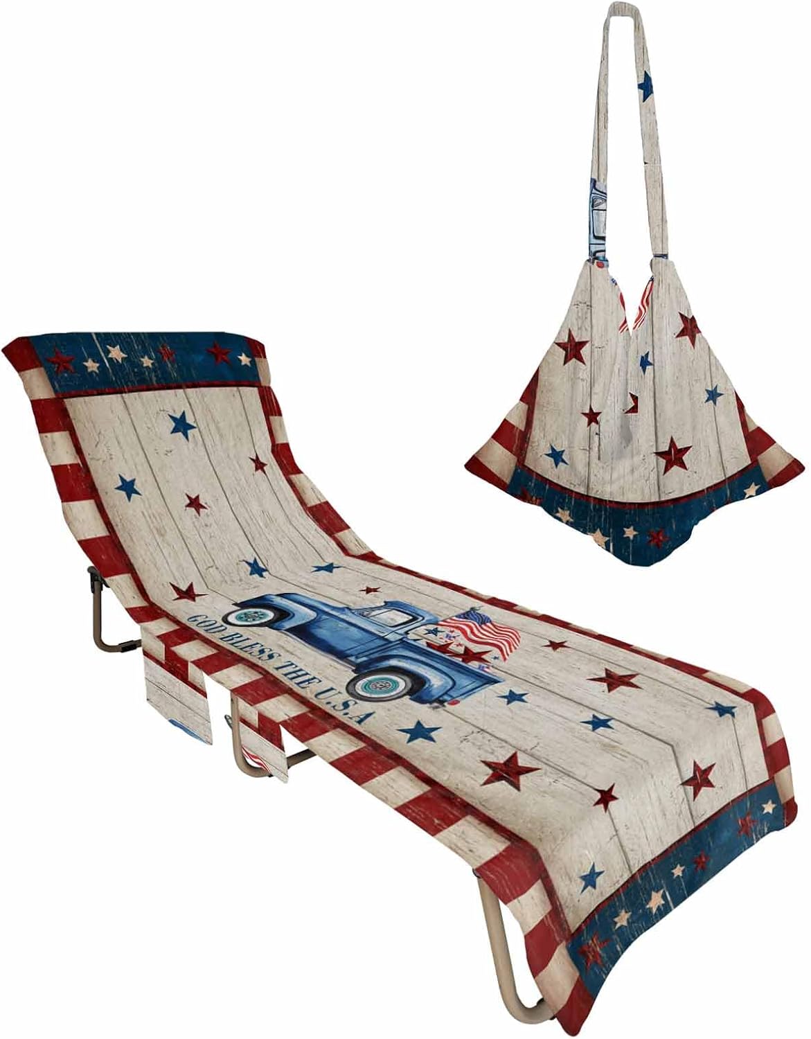 Blue Truck Star Stripes Flag Beach Pool Patio Lounge Chaise Chair Cover Towel With Pockets,Absorbent & Quick Dry Microfiber Towel Cover Bag Summer Sunbathing Accessories Independence Day Red Farmhouse