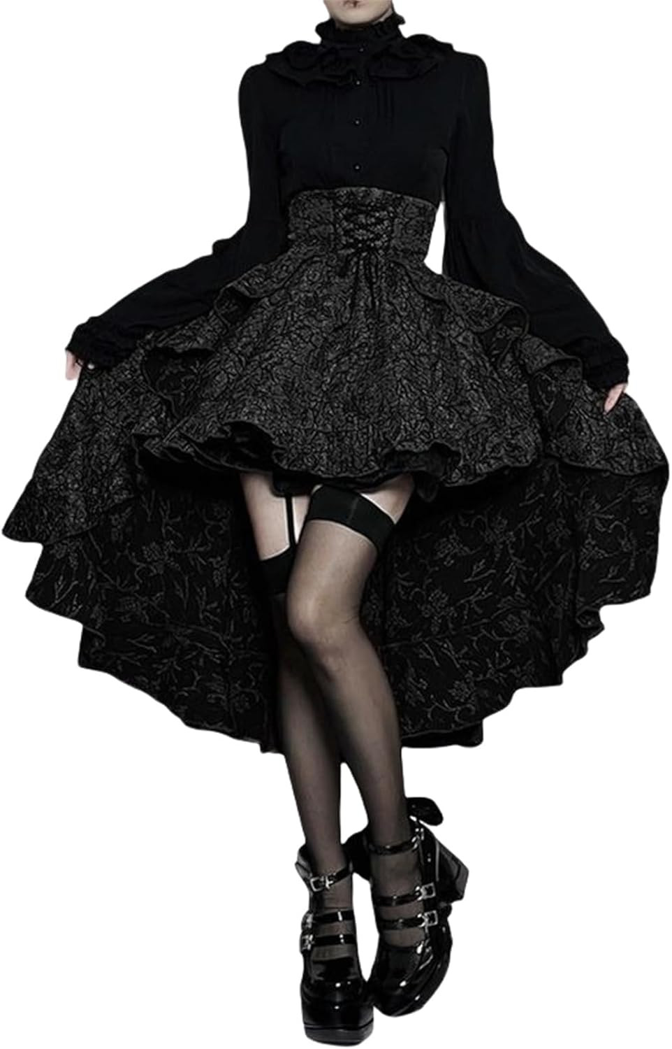 win2win Goth Asymmetrical Midi Skirt Women High Waisted Y2k Ruffled Punk High Low