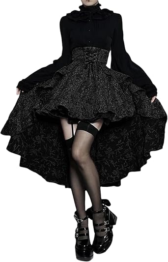 win2win Goth Asymmetrical Midi Skirt Women High Waisted Y2k Ruffled Punk High Low