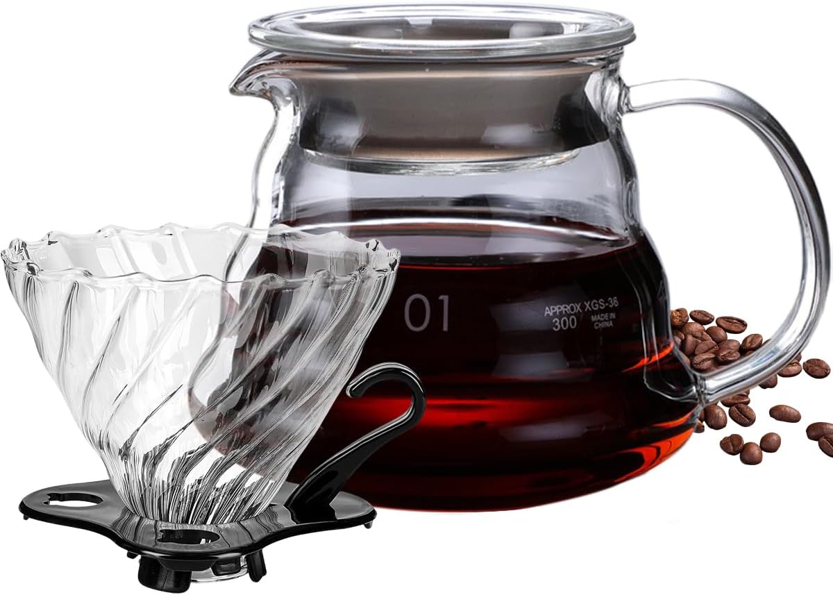Hand Brewed Glass Coffee Pot with Cover, 800ml / 600ml /360ml Glass Pour Over Coffee Maker, Standard Glass Coffee Carafe with Glass Coffee Dripper for Home, Office (360ml)