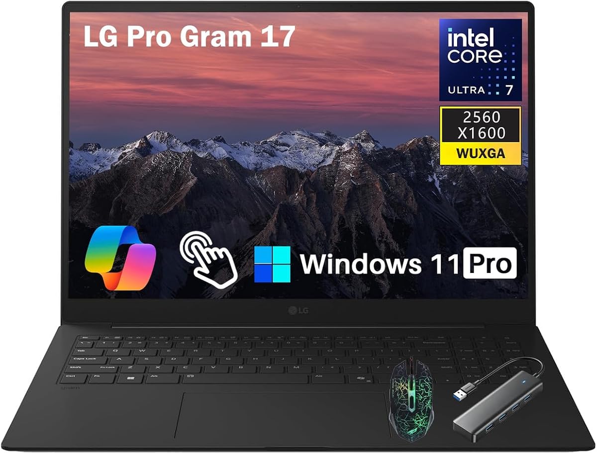Laptop LG gram Pro 17 AI 2026, pantalla táctil IPS de 17 WQXGA 2560 × 1600, Intel Core Ultra 7 355U (50 tapas), 32 GB LPDDR5X 7500 MHz, 4 TB (2x1 TB) SSD, PC Dual AI Copilot+, WiFi 7, Windows 11 Home, negro