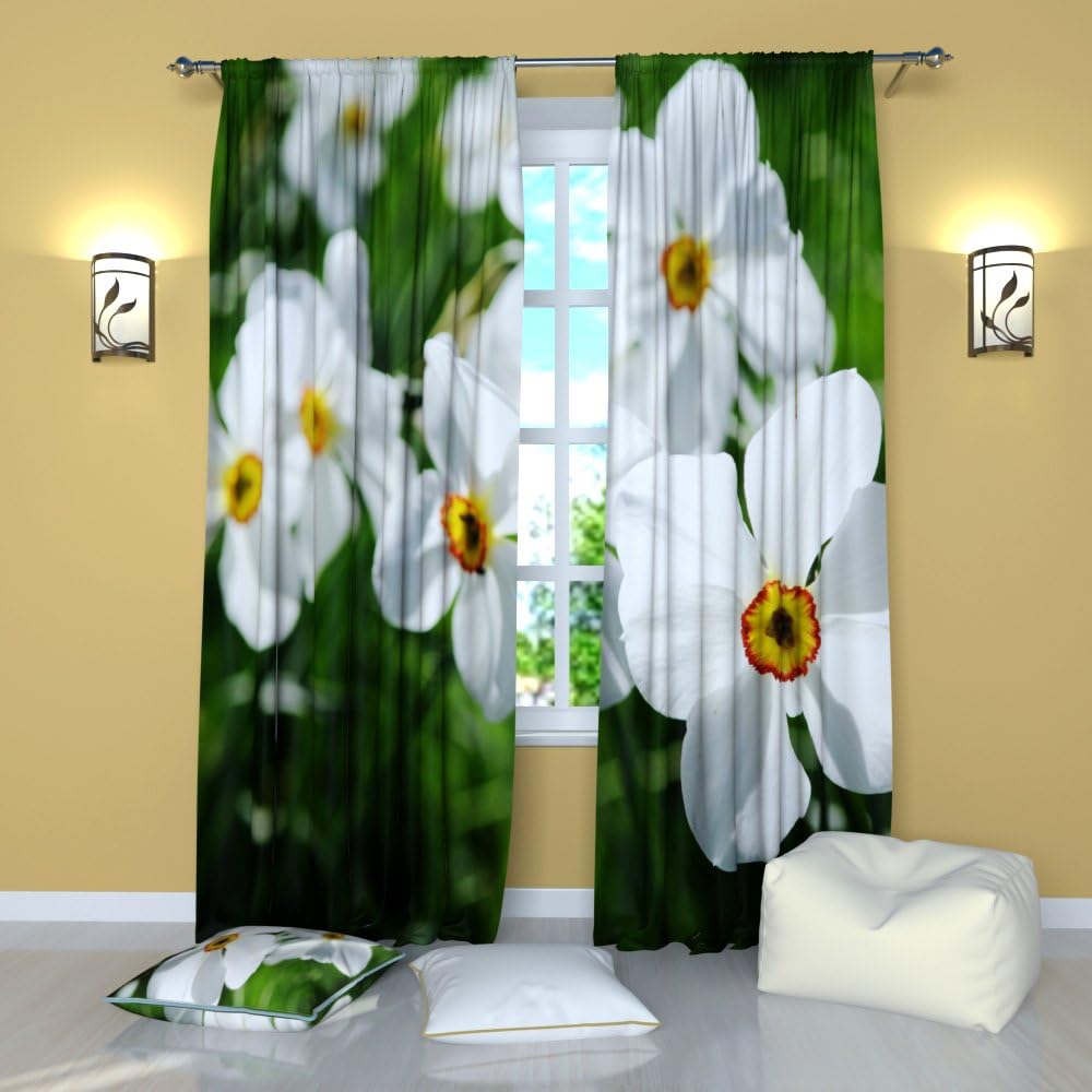 Factory4me Floral Curtains Snow-White Flowers. Window Curtain Set of 2 Panels Each W52 x L96 Total W104 x L96 inches Drapes for Living Room Bedroom Kitchen