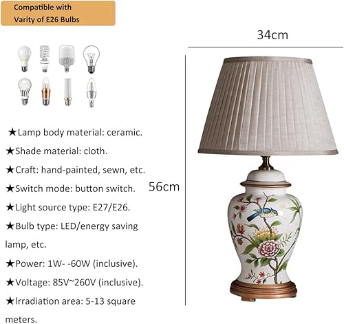 Miniatura 7 de China Flor y Pájaro Patrón Jengibre Tarro Lámpara de mesa 22 pulgadas Beige Tela Barril Sombra para lámpara de mesita de noche Lámpara de noche de