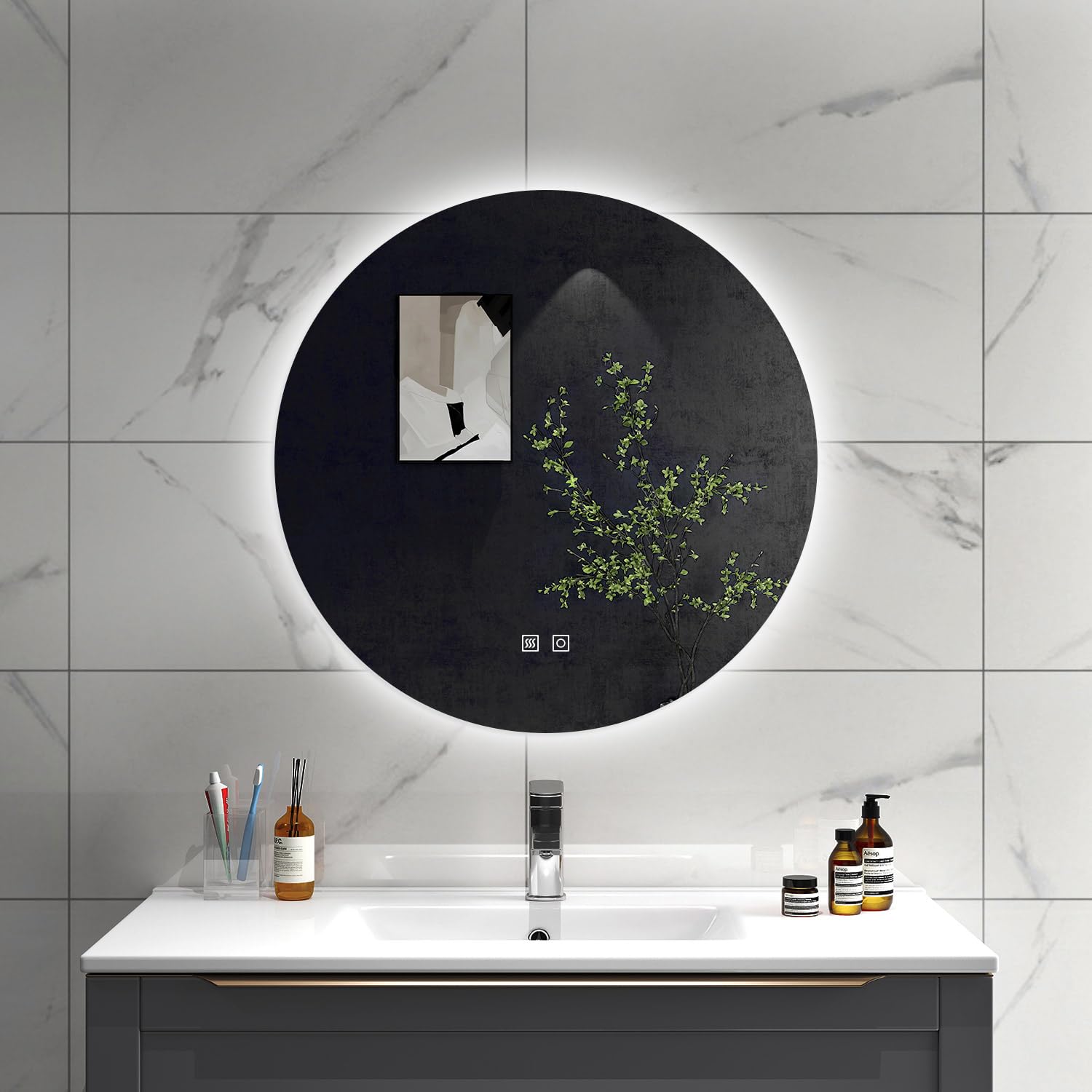 Sline Sanitary Light Round Bathroom Mirror With Led S 90X90cm,Backlit Makeup Mirror With Demister Pad,Dimmable 3 Colour S,Touch Control & Memory Function,Ip44 Rated