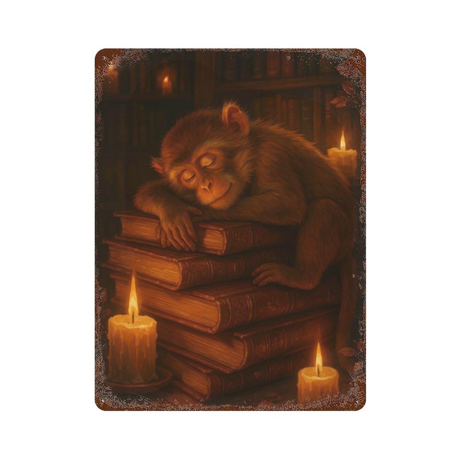 Rust Effect Tin Sign Sleeping Monkey on Books with Candles 15.7"x11.8", Vintage Wall Decor for Living Room, Hallway And Home Decor