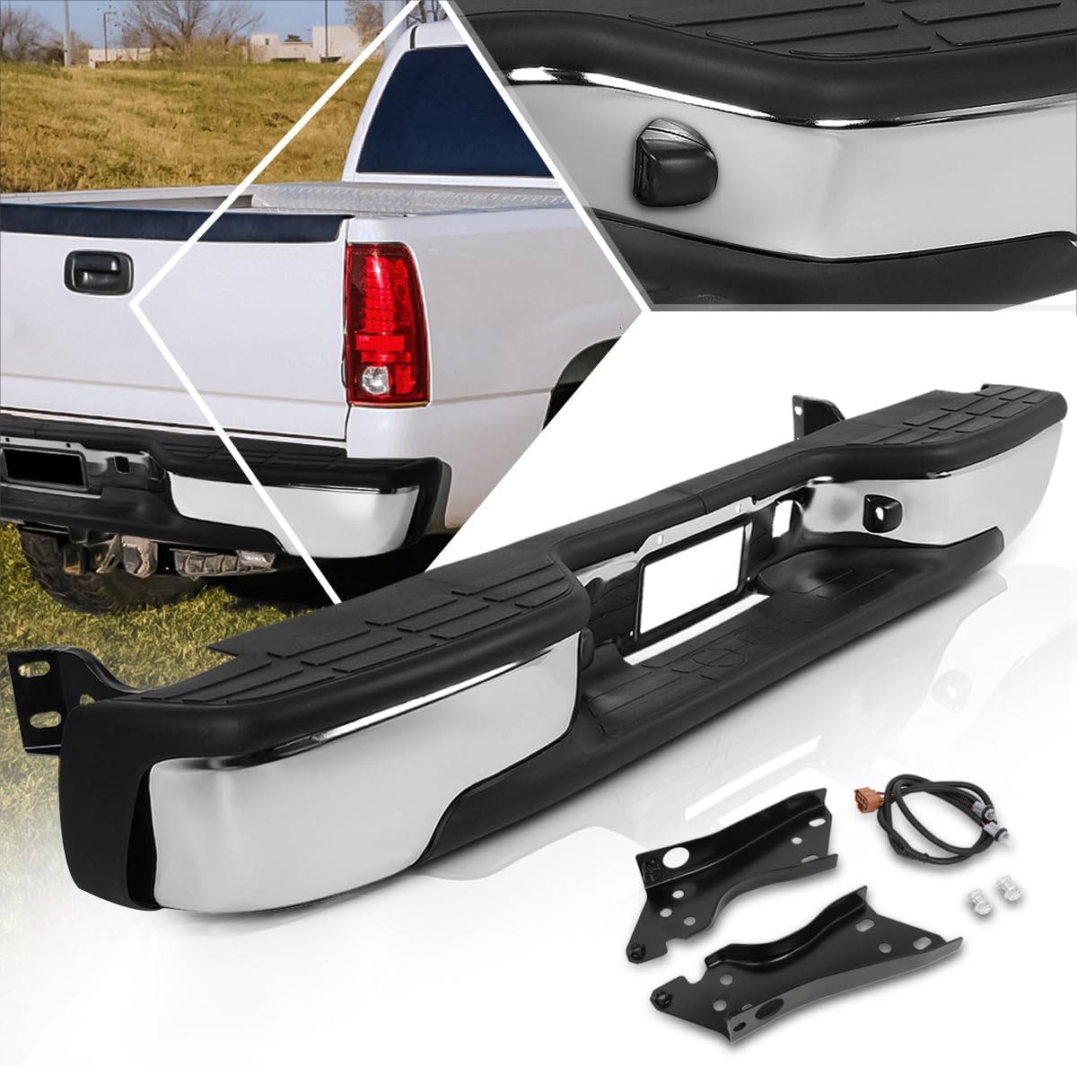 PM PERFORMOTOR Rear Step Bumper with License Plate Lights Compatible with 1999-2006 Chevy Silverado/GMC Sierra 1500 2500 Direct Replacement for GM1103124 GM1103122 12496085