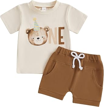 Baby Boy First Birthday Outfit Short Sleeve Bear Print Shirt Shorts Sets Cake Smash Clothes 2Pcs