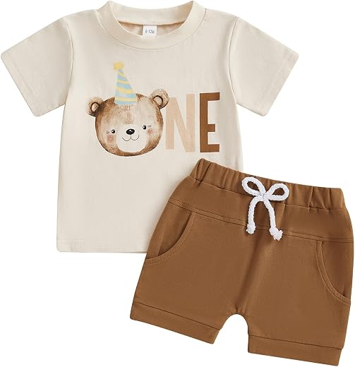 Frietlebird Baby Boy First Birthday Outfit Short Sleeve Bear Print Shirt Shorts Sets Cake Smash Clothes 2Pcs