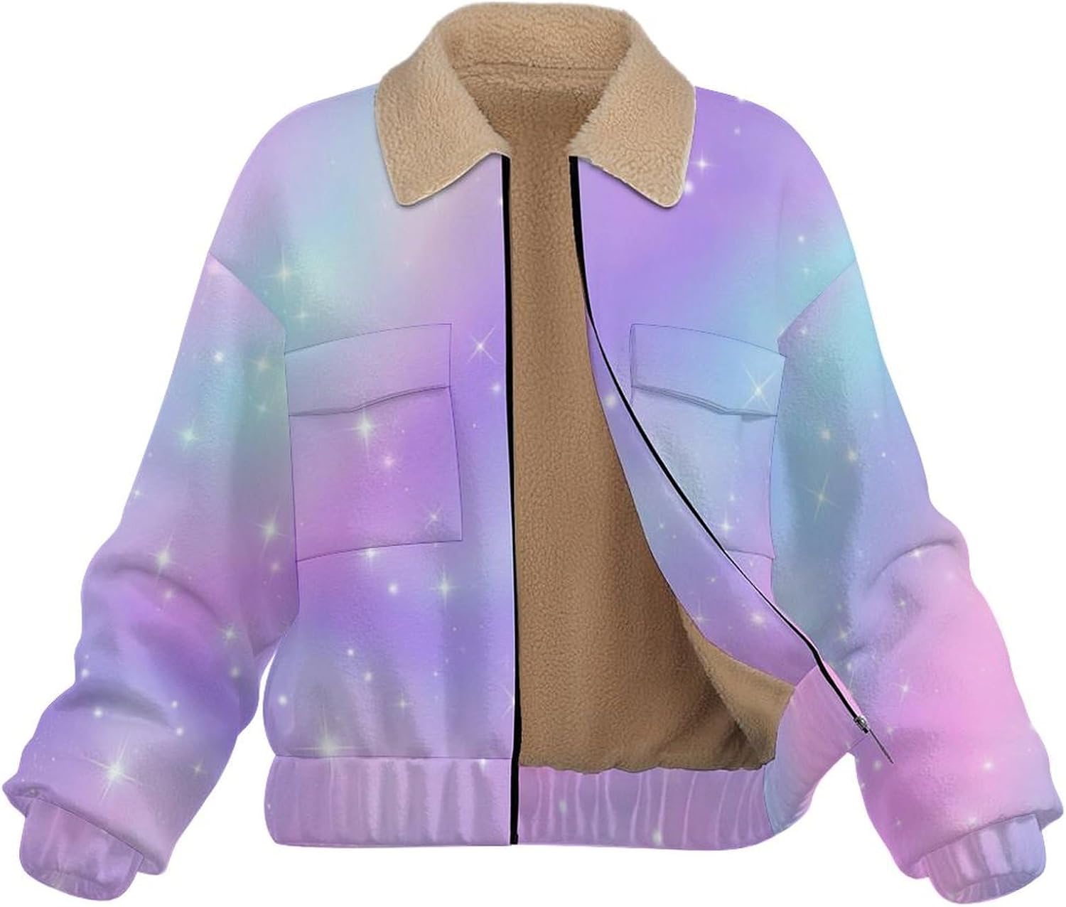 Women Winter Sherpa Lined Fleece Jacket, Long Sleeve Zip Up Sparkling Stars Fuzzy Coats Warm Soft Polar Outwear
