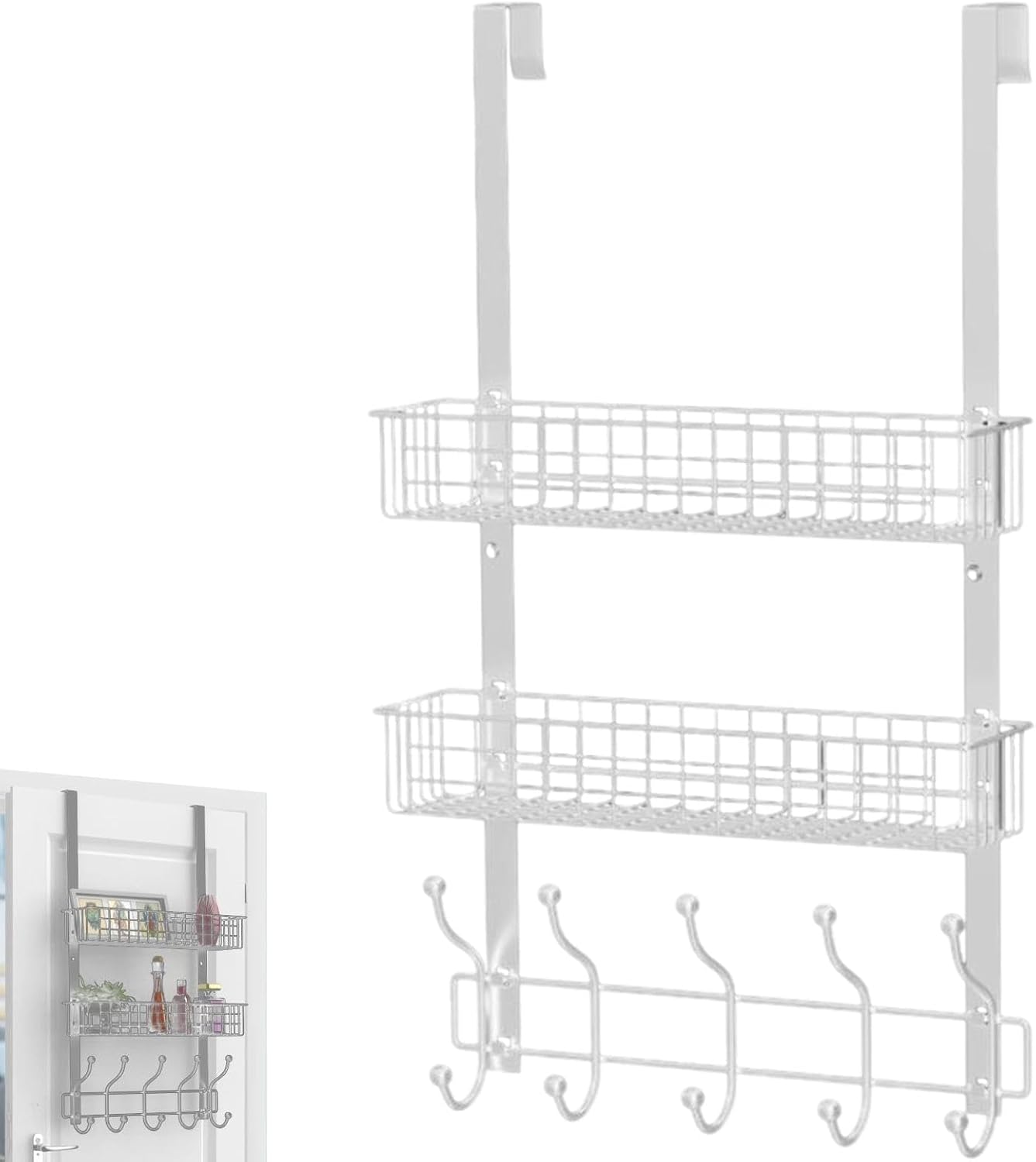 Back Door Organizer | Wardrobe with Over-Door Coat Hangers & Basket | Laundry Organization – Perfect for Bedrooms, Living Rooms, Kitchens, Offices, Bathrooms,DREI Schichten Von Weiß