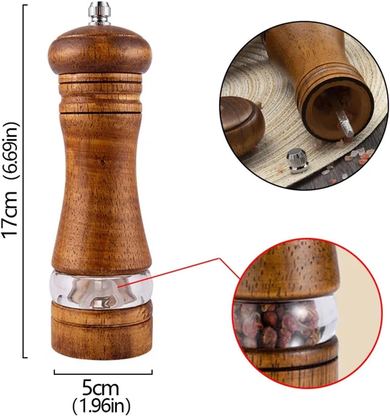 6-inch Manual Pepper Grinder Rubber Wood Acrylic Salt Shakers Adjustable Ceramic Rotor-Refillable Oak Spice Salt Grinding Bottle(Retro color)