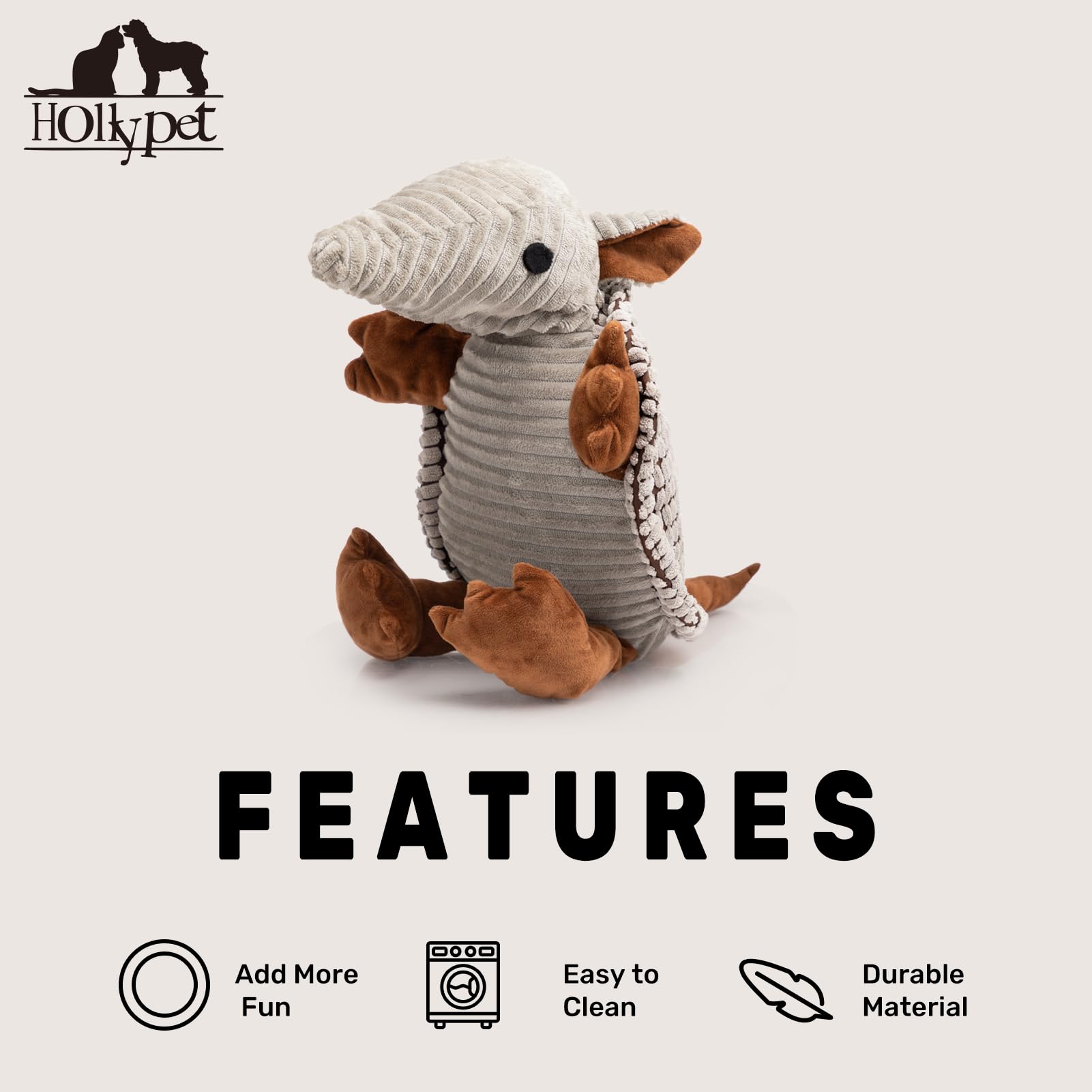 Hollypet Quietschendes Plüsch-Spielzeug für Hunde, Armadillo-Plüschtier, Kauspielzeug für Welpen und Hunde aller Größen (klein, mittel, groß) Grau, 25 cm