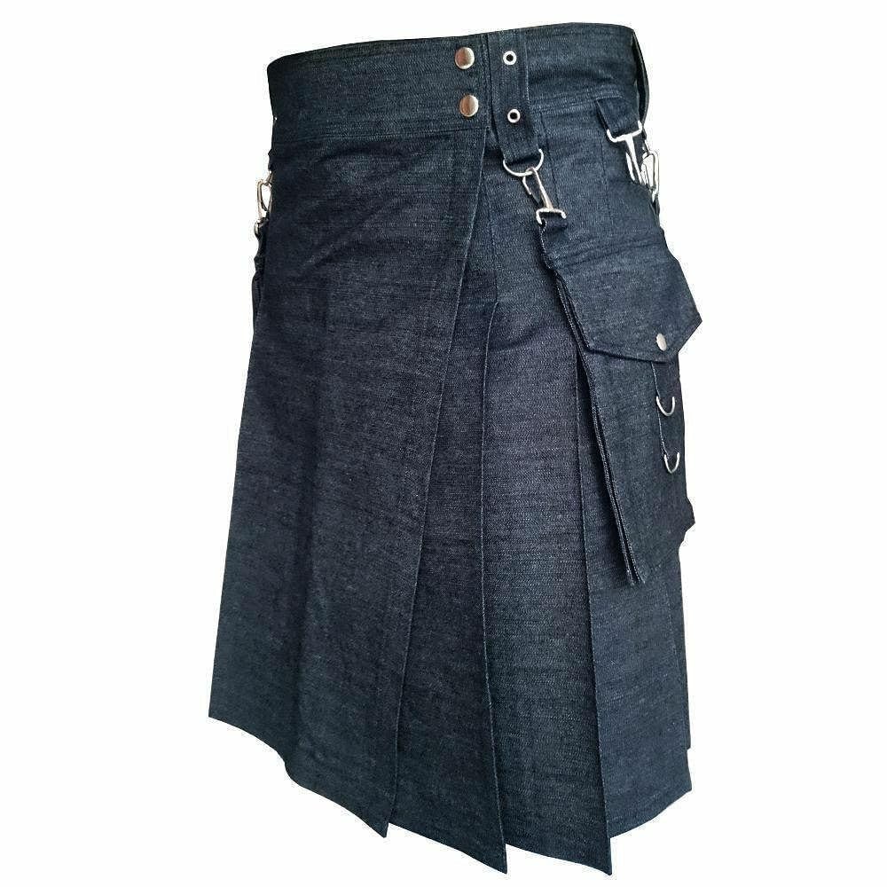 Traditioneller schottischer Universal-Kilt aus schwarzem Denim mit abnehmbaren Taschen, D-Ringen aus Metall, plissiertes Design