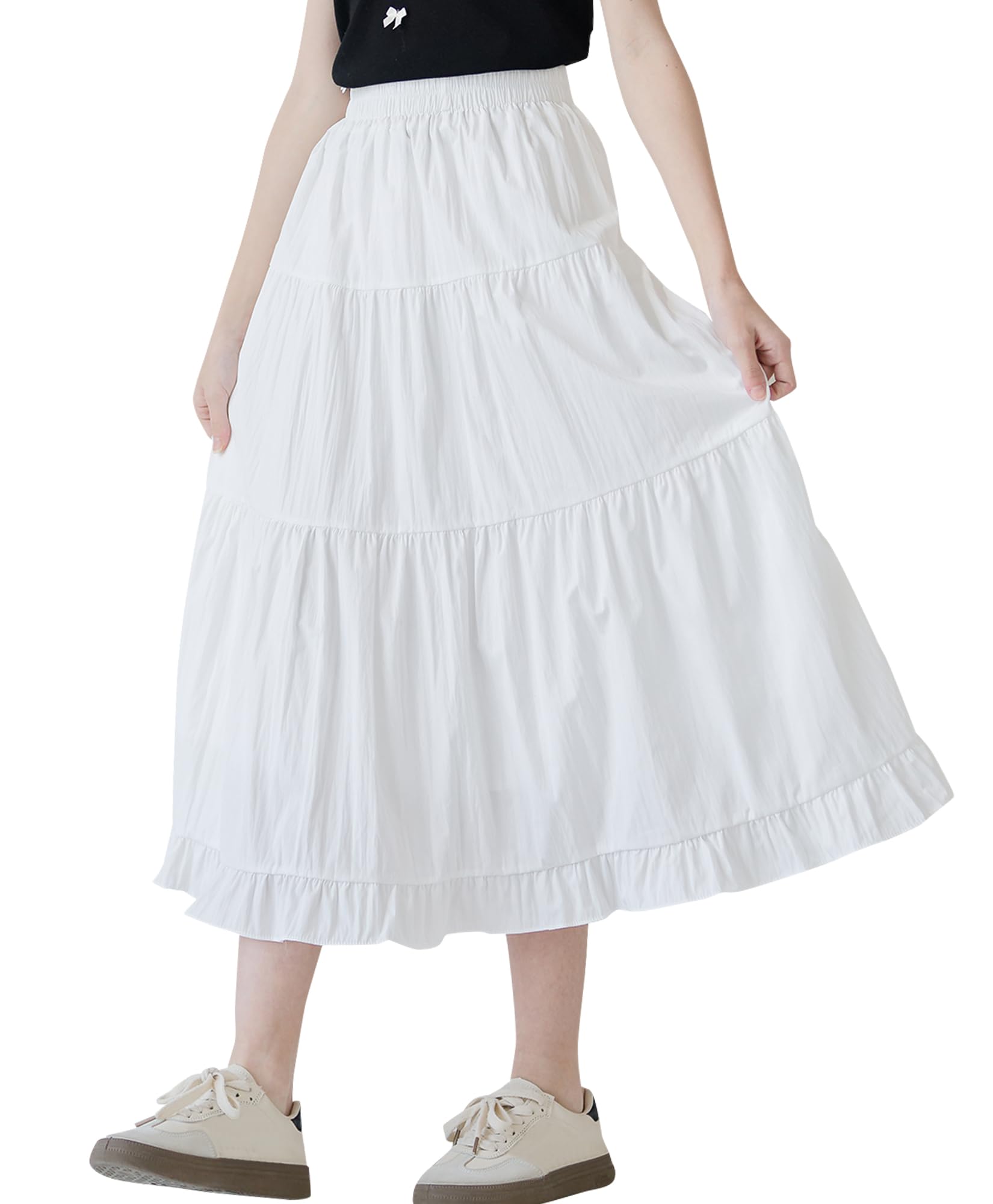 SEAUR Jupe Longue Fille Taille Élastique Élégante Maxi Jupe à Volants D'été Couleur Unie Enfant 130-165=(122-164 UE)