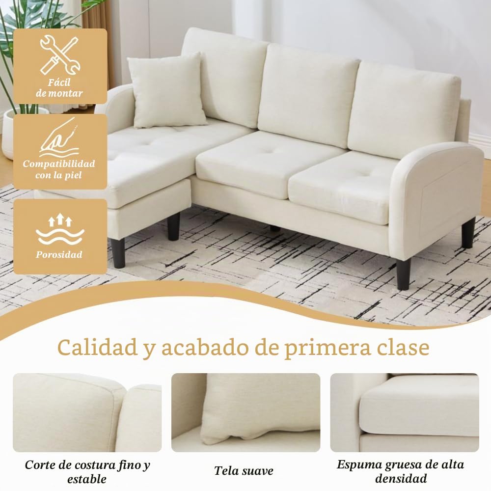 Sofá esquinero en forma de L con chaise longue, sofá de 3 plazas, 166 x 118 x 77 cm, tela transpirable de algodón y lino, patas de plástico, diseño modular, ideal para salas de estar (Beige