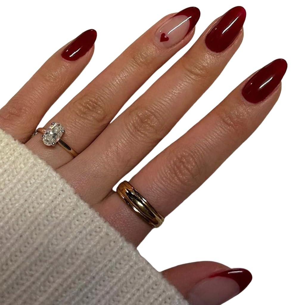 French Tips Designs Acrylic Stick On Nails with Heart Patterns for Women Valentines Day 24 Pieces