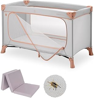 hauck Baby Reisebett Set Dream n Play Plus mit Matratze und Moskitonetz - faltbares Kinder Babyreisebett mit Tasche und großem Eingang - Dusty Cork