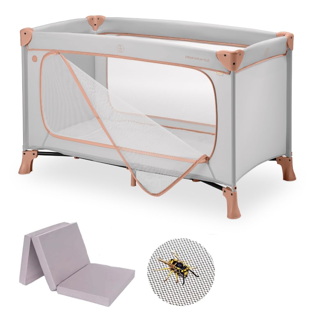 hauck Baby Reisebett Set Dream n Play Plus mit Matratze und Moskitonetz - faltbares Kinder Babyreisebett mit Tasche und großem Eingang - Dusty Cork