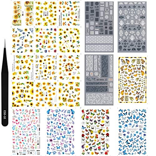 AUXHCYL 20 Feuilles Stickers Ongles, Papillons Nail Art ongles Fleur Papillon Stickers Ongles Autocollants pour Femme Fille Manucure Deco Ongle Cover