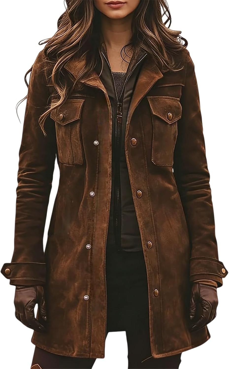 Faux Suede Jacket Women Brown Retro Faux Leather Jackets Military Utility Safari Jacket Shackets Long Coats Outwear - Image 2