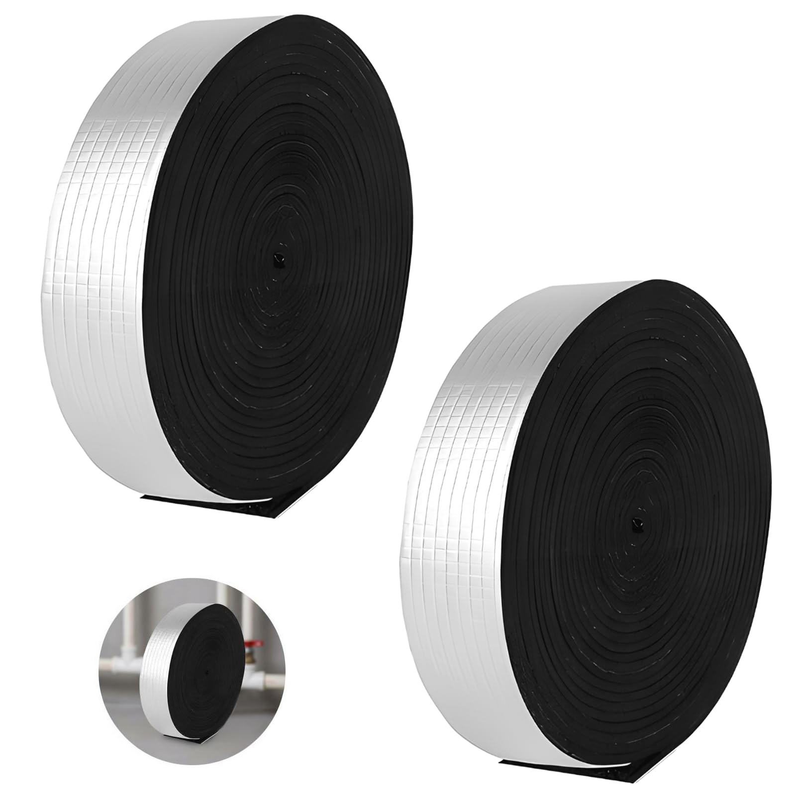 2 Rolls Self Adhesive Pipe Insulation, 32.8 ft x 2 in x 0.2 in Foam and Foil Pipe Insulation, Winter Freeze Protection Insulation Wrap, Aluminum Foil Surface