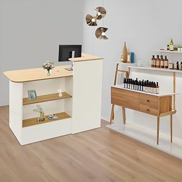 Reception Desk with Counter, 2-Tier Retail Counter Table with Lockable Drawer & 2 Lights, Office Computer Front Desk for Salon Reception Room,Checkout, 88LBS Capacity Warm White & Wooden