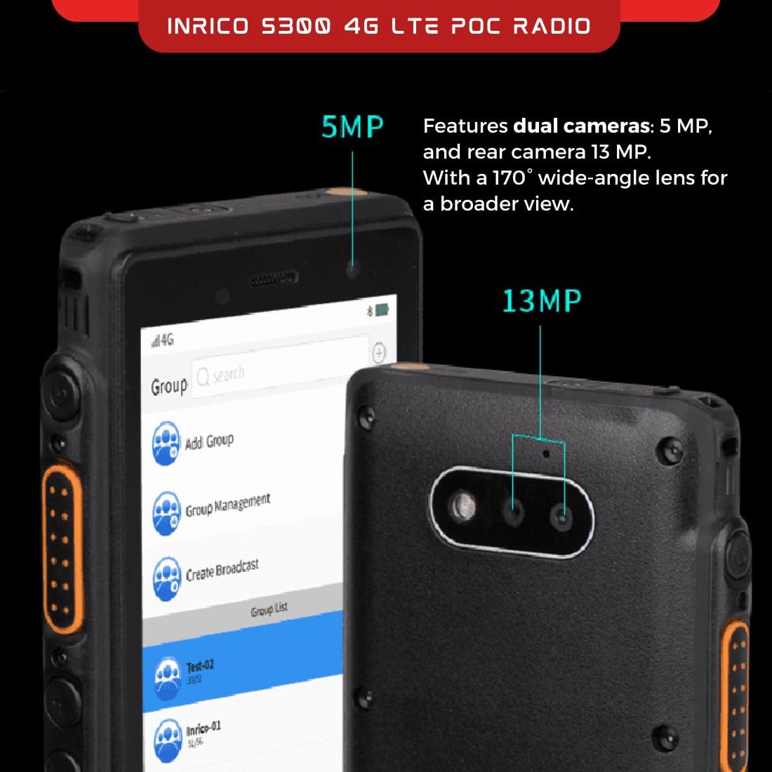 Inrico S300 PoC Radio showing front and rear cameras