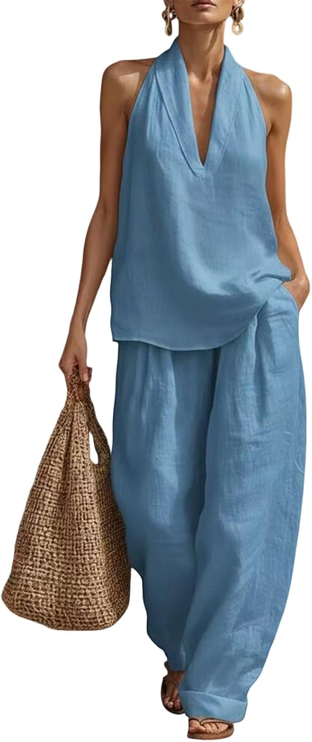 eoeioa Linen Sets for Women 2 Piece Sleeveless V Neck Halter Tops Wide Leg Pants Set Boho Linen Outfits with Pockets