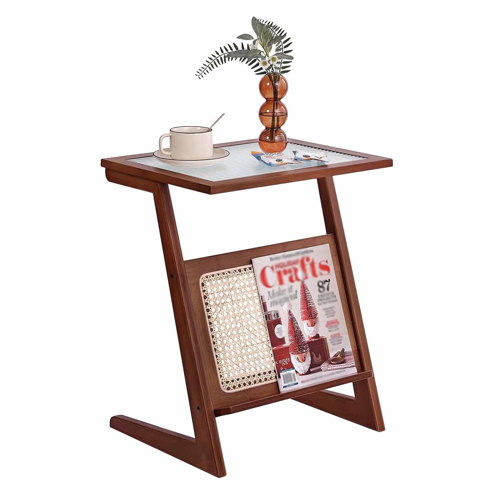 SXZenSpace Rattan Side Table, Bamboo Vintage End 14.6X20.5Inch Boho Nightstand Bedroom Coffee Table with Storage, Accent Bedside Tables for Outdoor/Indoor,Brown