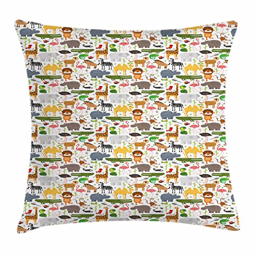 Lunarable Savannah Throw Pillow Cushion Cover, Cartoon Style Animal Pattern Savannah Themed Lions Tigers Flamingos Funny Print, Decorative Square Accent Pillow Case, 40