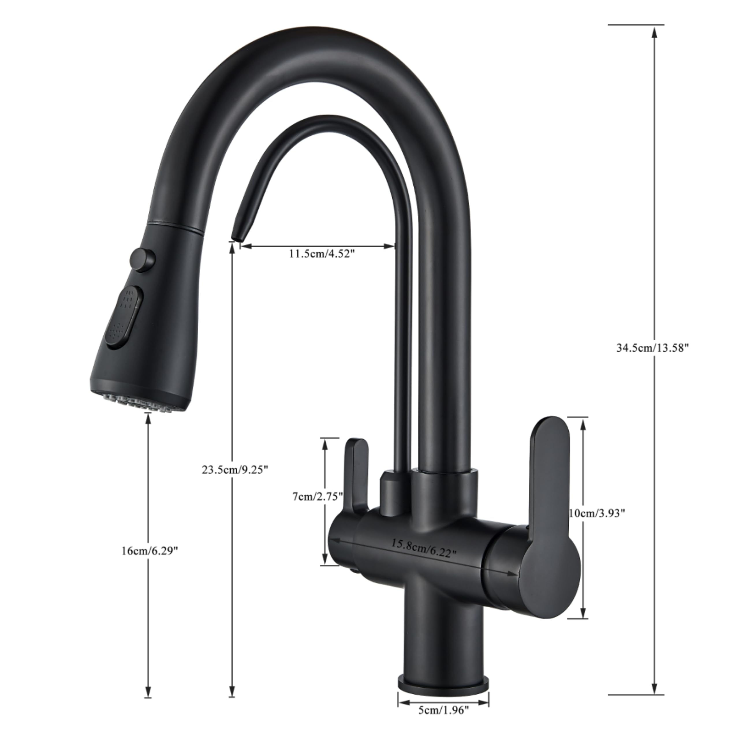 Grifo de cocina 3 vías Nordic negro mate con conexión filtro agua, manguera extraíble, giratorio 360°