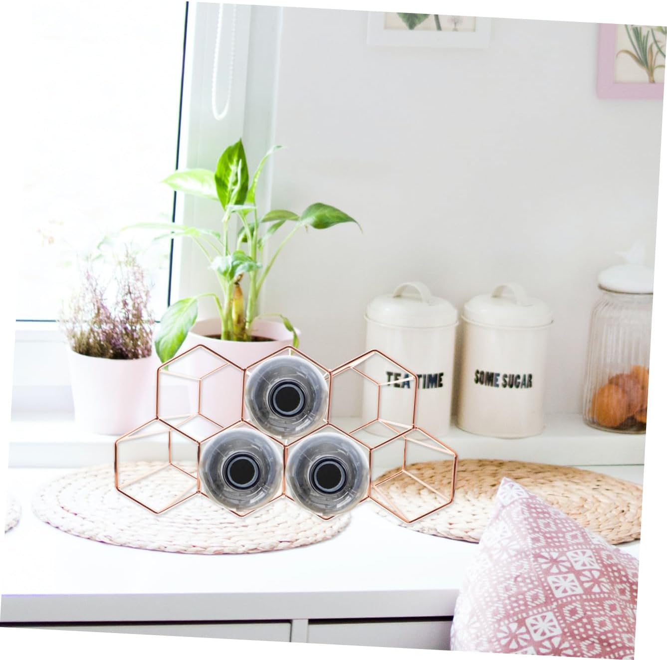 Cabilock Honeycomb 7-Hole Metal Wine Rack Rose Gold Wine Bottle Holder Creative Bar Display Stand for Living Room Tabletop Storage