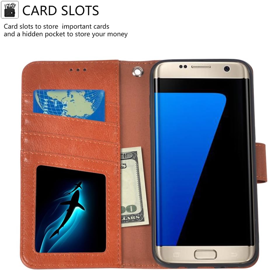 UrSpeedtekLive S7 Edge Wallet Case, Galaxy S7 Edge Wallet Case, Premium PU Leather Flip Folio Case Cover w/Card Slots, Cash Pocket, Kickstand, Wrist Strap for Samsung Galaxy S7 Edge(Brown)