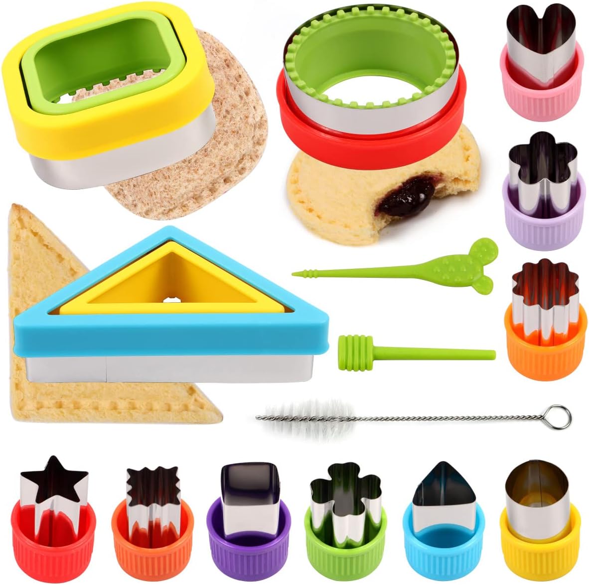 Sandwich Cutter and Sealer,Bread Sandwich Decruster Maker DIY Cookie Cutters for Kids Bento Box,Round Square Trilateral Shapes Sandwich Cutters with 9 pcs Fruit Vegetable Cutter Shapes (Multicolor)