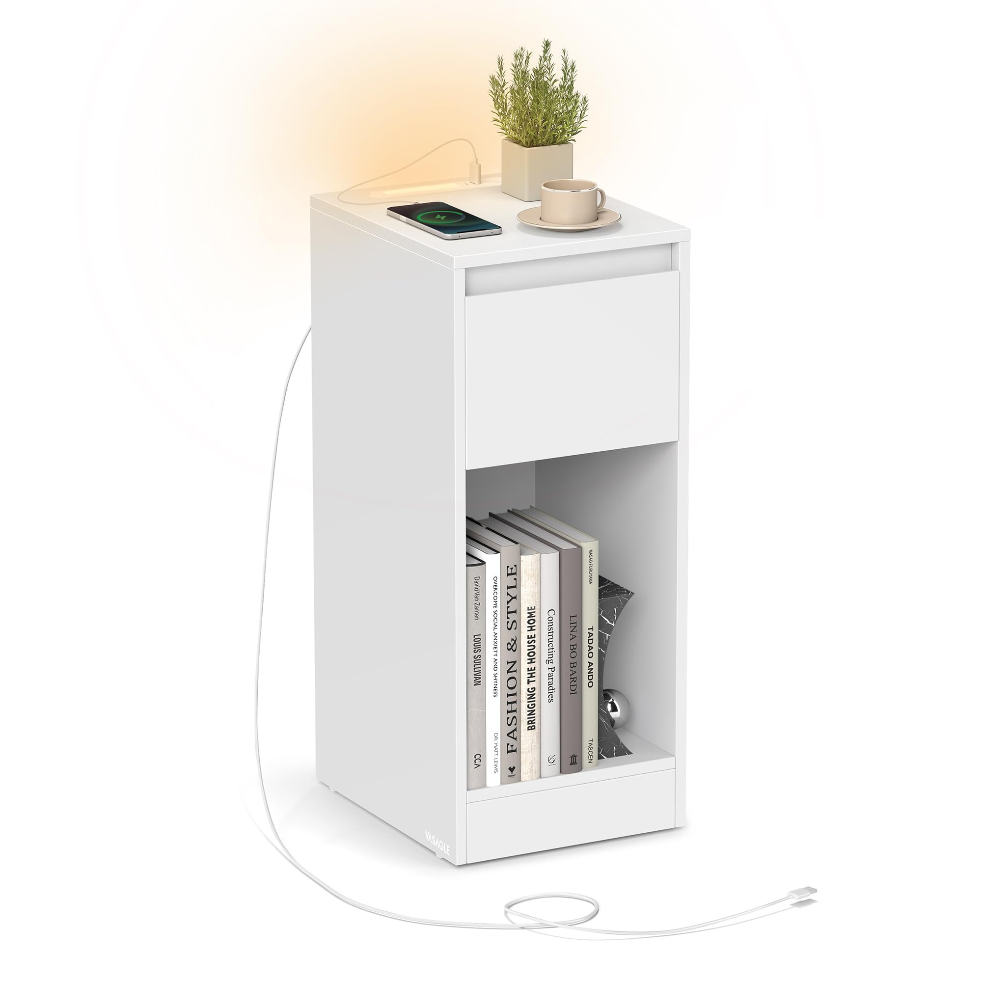 VASAGLE - Slim Bedside Table with Charging Station and LED Light, Narrow Side End Table, USB Ports, for Bedroom, Living Room, Cloud White KAILYN Collection LET610W01
