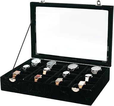 Jewelry Watch Tray, Black Velvet Watch Jewelry Organizer 12 Grid, Stackable Watch Bracelet Bangle Display Holder, with Clear Lid Adjustable Pillows, for Man Woman Show Birthday
