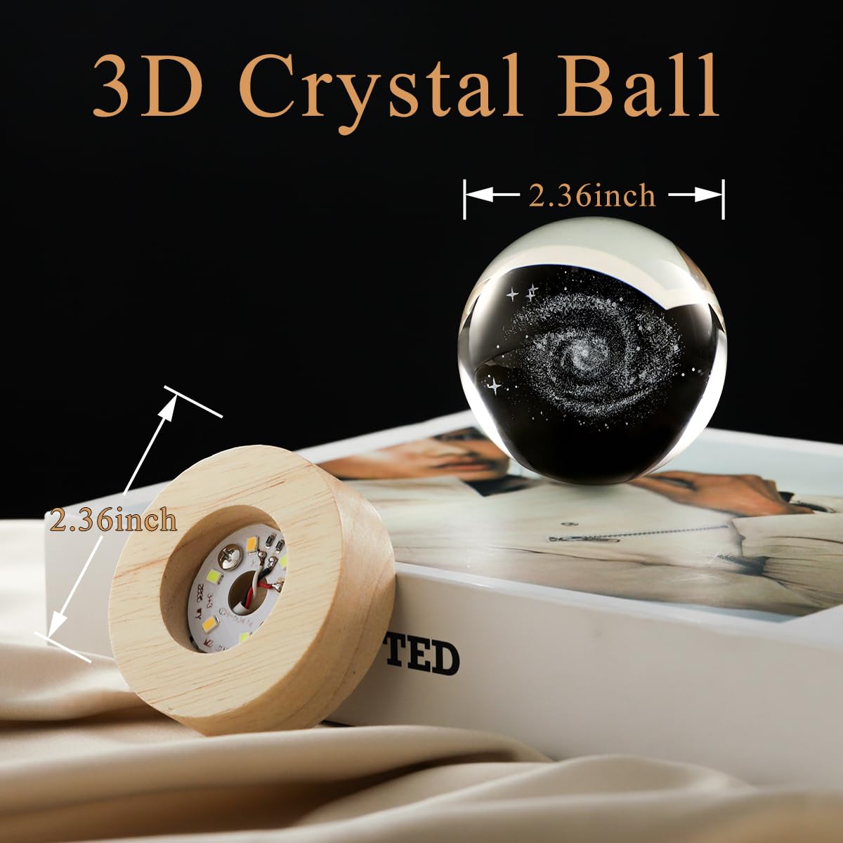 Lámpara de bola de cristal de galaxia 3D con LED regulable y base de madera, luz nocturna para niños, adolescentes y adultos, decoración de escritorio en casa, oficina, dormitorio, regalo de 4