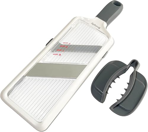 Mandolina ajustable de mano, con agarre para alimentos y cuchillas ajustables, apta para lavavajillas, gris