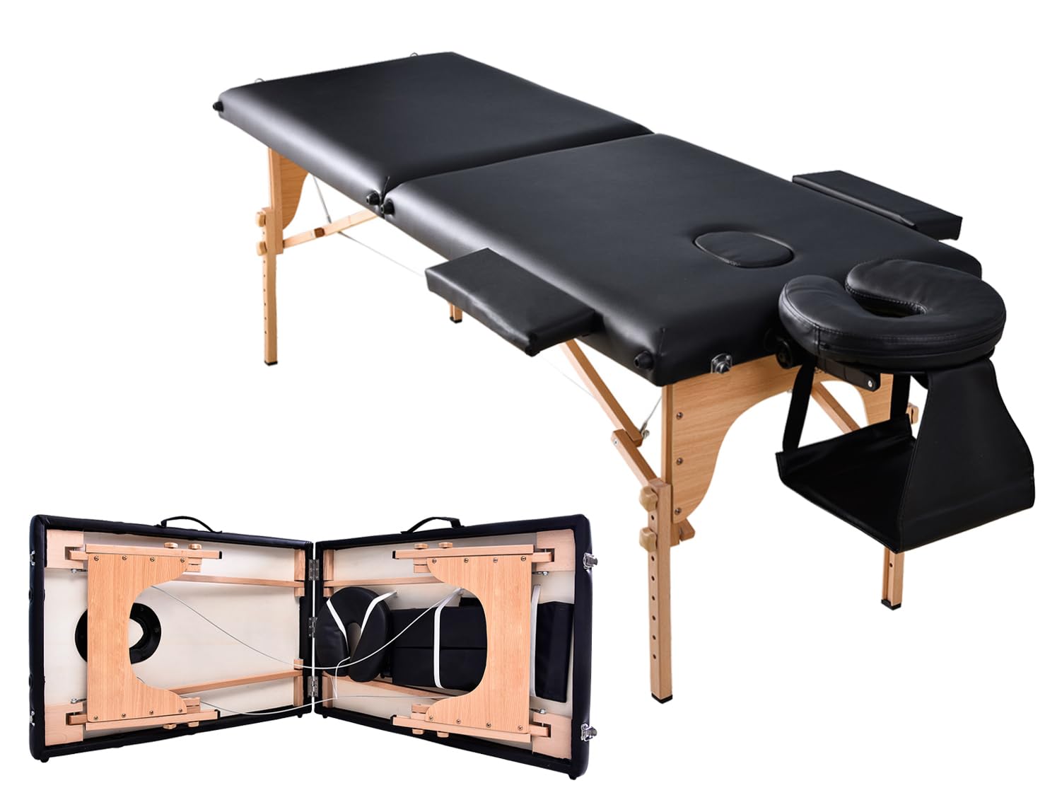 Massage Table, Folding, Pedestal Beauty Bed, Easy Assembly, Exam Table with Storage Cover, Lightweight Black, L