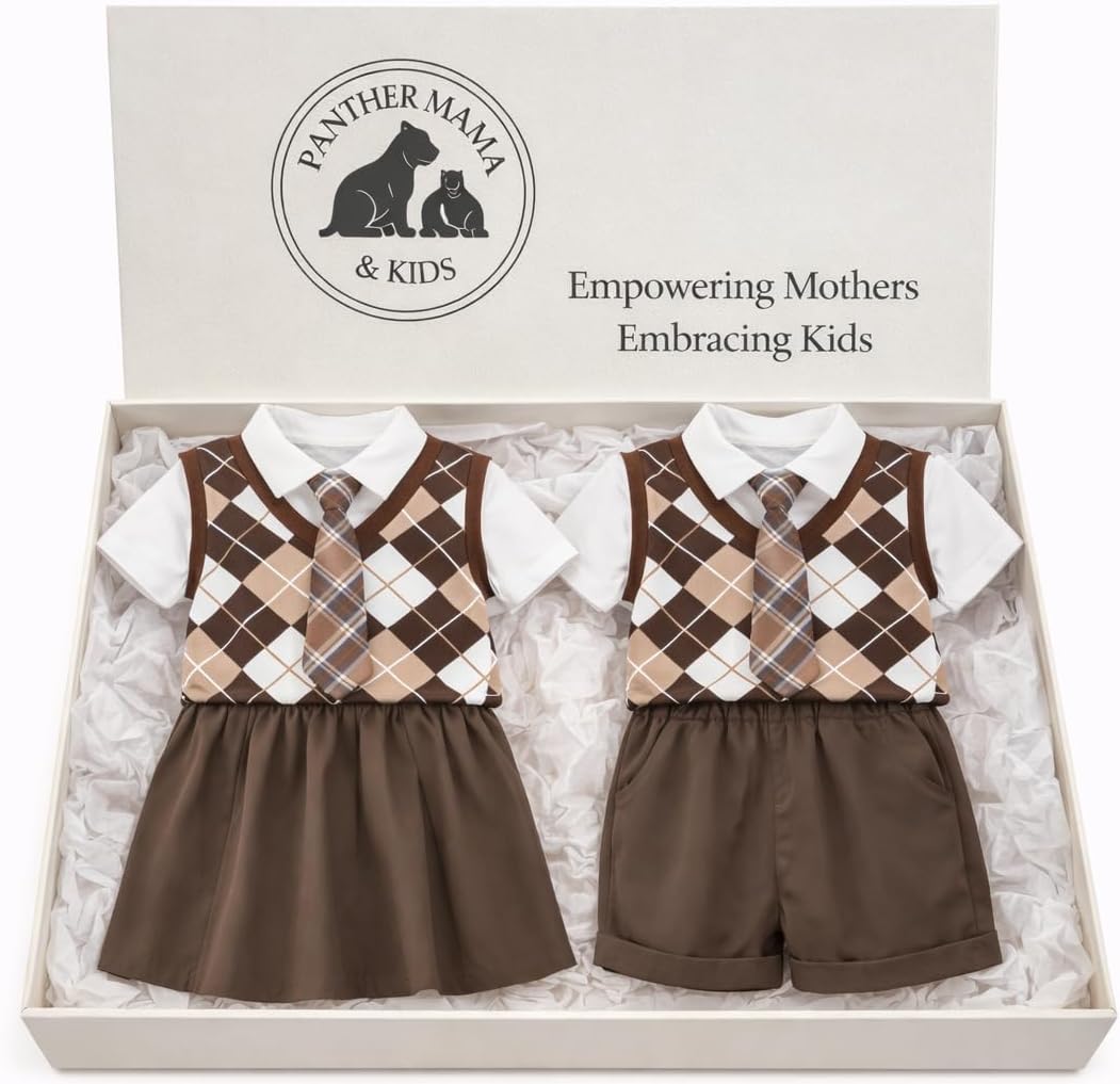 Panther Mama & Kids - Twin Toddler Macthing Plaid Outfit Set Boy & girl Coordinated Clothes, 2 Outfits in one Premium Set