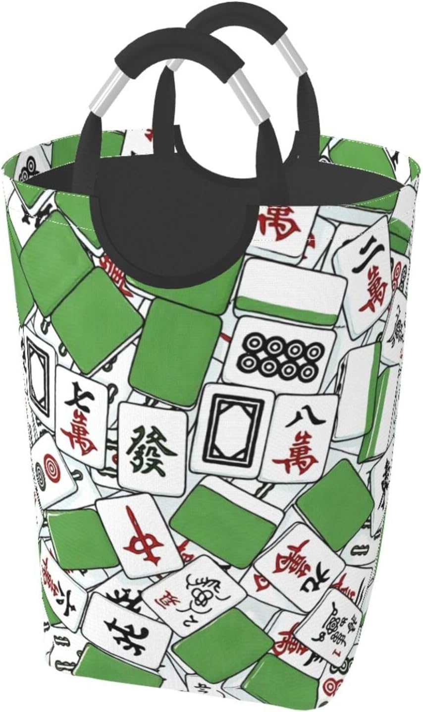 50l Laundry Basket Green Birds Mahjong Tiles Waterproof Laundry Hamper Foldable Clothes Laundry Bag With Handles