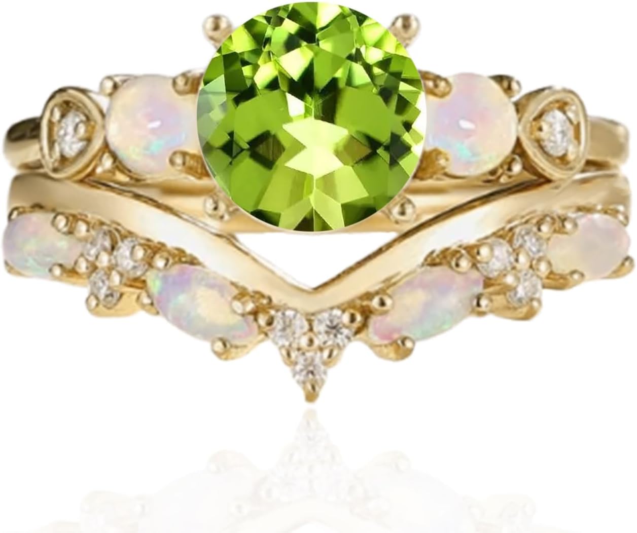 10K 14K 18K Solid Gold 1.5CT Round Shape Gemstone Engagement Ring Set for Women Birthstone Ring with Opal Vintage Bridal Wedding Rings Set Anniversary Christmas Gift Size 4-15