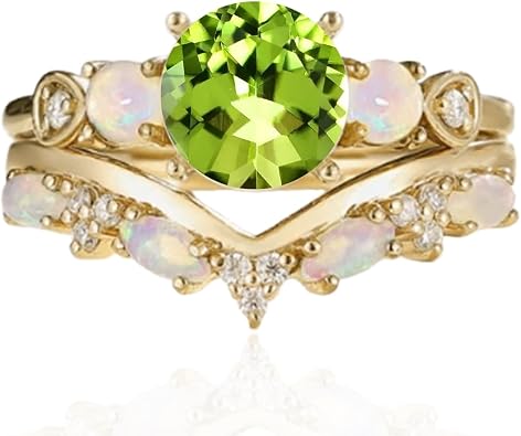 10K 14K 18K Solid Gold 1.5CT Round Shape Gemstone Engagement Ring Set for Women Birthstone Ring with Opal Vintage Bridal Wedding Rings Set Anniversary Christmas Gift Size 4-15