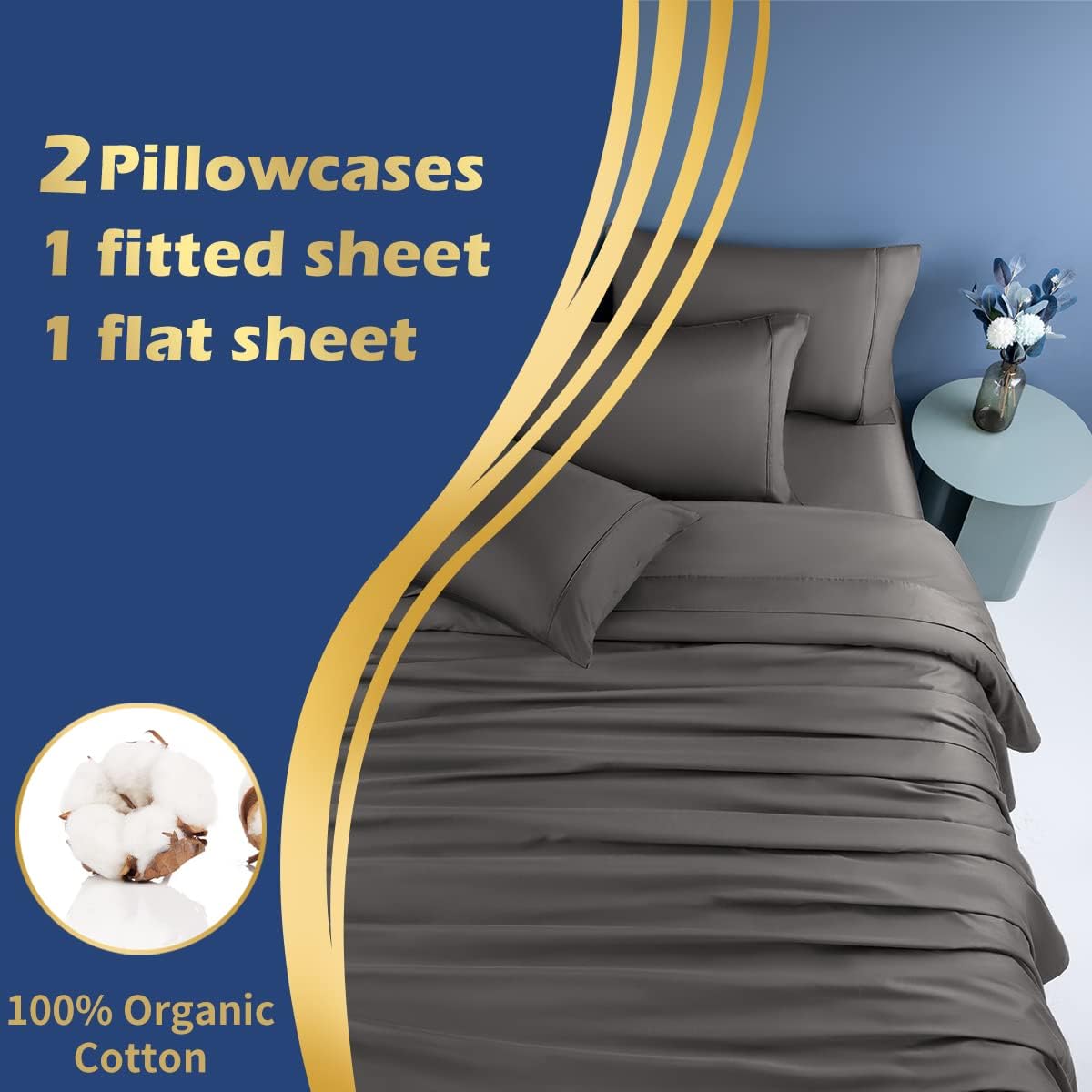 LIANLAM 1000 Thread Count Cotton Queen Size Sheets, 100% Egyptian Cotton Sheets Set, Luxury Cooling Bed Sheets 16-Inch Deep Pocket - Breathable, Wrinkle and Hypoallergenic - 4 Piece (Dark Grey, Queen)