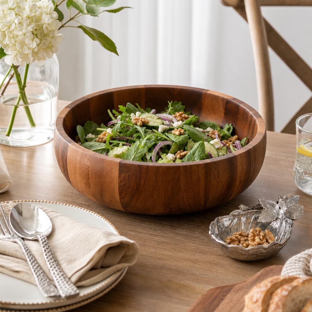 Arthur Court Ensaladera grande de madera de acacia estilo colmena, cuenco único para servir frutas, aperitivos y ensaladas, 5 pulgadas de alto x 12 pulgadas de diámetro