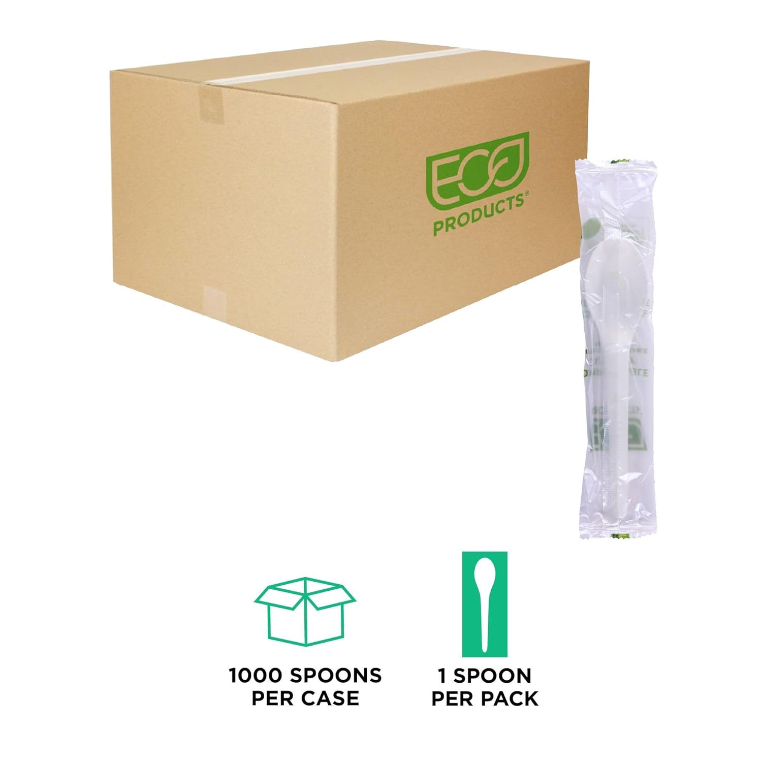 Eco-Products Compostable CPLA 6" Plastic Spoons, Case of 1000, Individually Wrapped Spoon, Disposable White Plantware Cutlery, Renewable Material Made from Plants, Sturdy and Strong, BPI-Certified